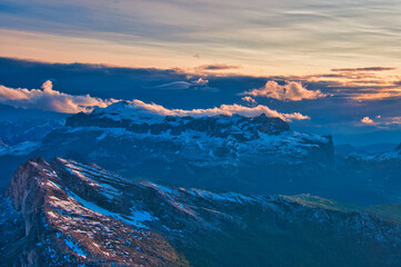 Sunset views over the Pale di San Martino from Rifugio Lagazuoi, Alta Via 1, Dolomites, Italy