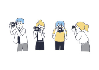 写真を撮る人物のセット　コミカルな手書きの人物　ベクター、温かみのある線画