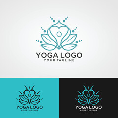 Fototapeta na wymiar yoga logo desain stok. meditasi manusia dalam ilustrasi vektor bunga teratai dalam warna ungu