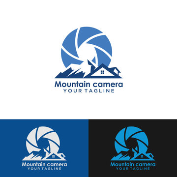 Landscape photographer logo mountain river with sunset camera outline symbol simple mnimalist photography film studio design vector