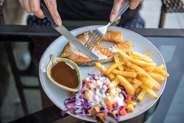 Salmon Steaks with Salad Recipe, top view.