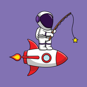 Cute Astronaut Fishing Star On Rocket Cartoon Vector Icon Illustration. Science Technology Flat Cartoon Concept