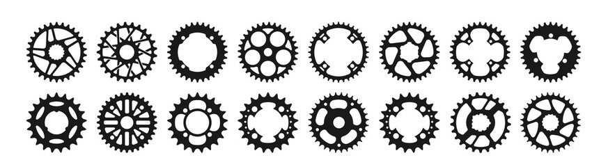 Vector set of bicycle stars. A profiled wheel with teeth that engages with a chain. The transmission of the bike - obrazy, fototapety, plakaty