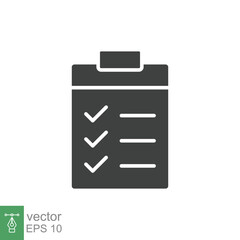 Clipboard checklist icon. Simple solid style. Document with checkmark, business agreement concept. Glyph vector illustration isolated on white background. EPS 10.