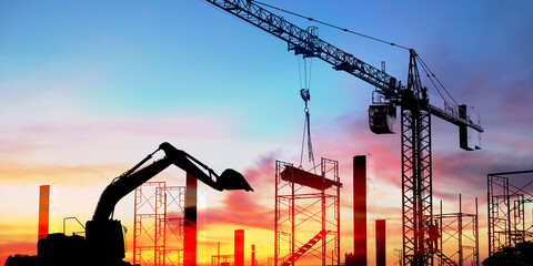 construction work on high ground heavy industry and safety concept over blurred natural background sunset pastel
