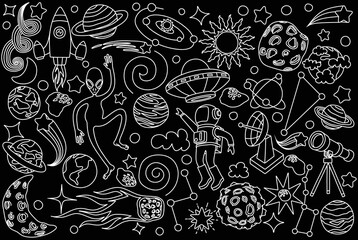Naklejka premium Space doodles set. Astronomy. Cosmic sketches. Zodiac. Planets. Moon and stars. Sun. Spaceship. Meteor. Comet. Alien. Asteroid. Cosmic set. Constellation. Space stickers. Universe scribbles. Galaxy.