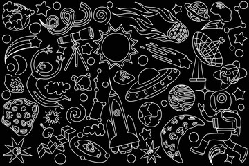 Space doodles set. Astronomy. Cosmic sketches. Zodiac. Planets. Moon and stars. Sun. Spaceship. Meteor. Comet. Alien. Asteroid. Cosmic set. Constellation. Space stickers. Universe scribbles. Galaxy.