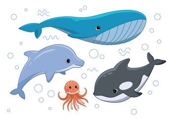 Obraz premium Sea animals set. Collection of representatives of marine and underwater world. Whale, shark, dolphin and octopus. Cute ocean mammals. Cartoon flat vector illustrations isolated on white background