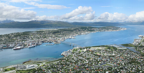 Panoramic view of Tromso city from Mt. Storsteinen in summer, northen Norway. A famous view from the top of fjellheisen, Tromso.