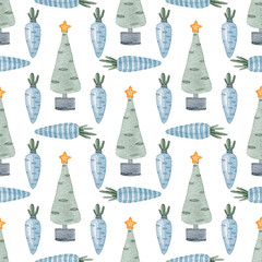 Watercolor seamless pattern with christmas trees and striped carrots on white background