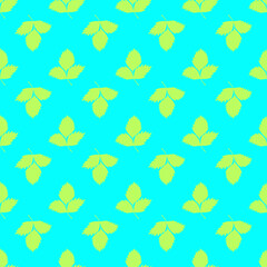 Seamless pattern with green leaves on a bright blue background. Neon pattern for beachwear. Vector illustration.