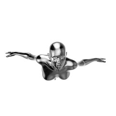 Metallic glossy naked woman mannequin in a freedom pose looking up with outreached arms - 3d illustration of a surreal futuristic technological artificial woman with silver chrome color