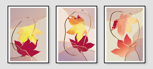 Set of Floral Cards. Vector Leaves Wall Art. Maple Leaves Cover Set. Autumn Abstract Wall Prints Collection Design for Poster, Interior Design, Banner, Print.