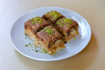 Pistachio baklava. Traditional Middle Eastern Flavors. Traditional Turkish baklava. Local name fistikli baklava