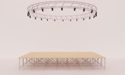 wood stage and speaker with spotlight on the truss system on the white background.3d redering.	