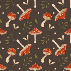 Mushroom pattern design. Autumn nature wallpaper. Wild forest pattern graphic. Mushrooms, psychedelic style background. Fantasy magic funny mushrooms. Acid print for a t-shirt. Vector illustration. 