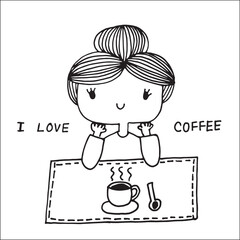 Cute girl with glass of hot coffee on the table and text I Love Coffee , cartoon doodle hand drawing