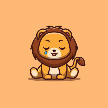 Lion Sitting Sad Cute Creative Kawaii Cartoon Mascot Logo
