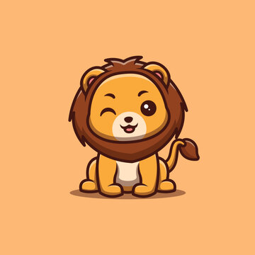 Lion Sitting Winking Cute Creative Kawaii Cartoon Mascot Logo