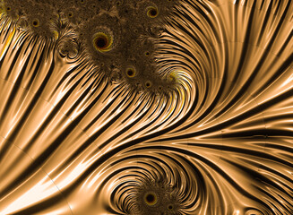 Abstract 3D fractal luxury design in gold color with waves lines. Modern futuristic background, 3D rendering