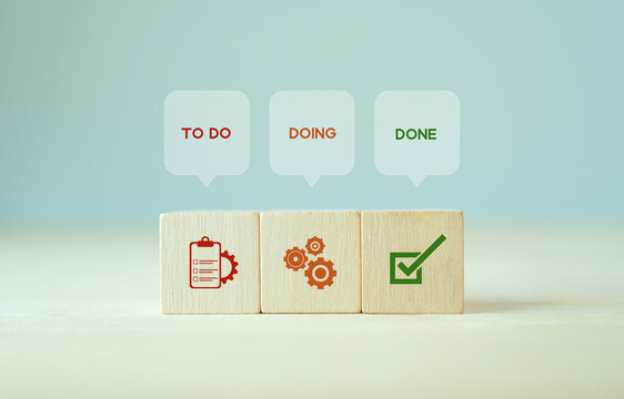 Work tracking concept; TO DO, DOING, DONE. Kanban board tools for effective team management. Agile project management tool to help visualize work, limit work-in-progress, and maximize efficiency.