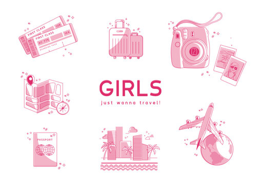 Set of travel icons girly pink vector, suitcase, camera instax, airplane, flight tickets, miami beach city, map, location, adventure, passport, pictures