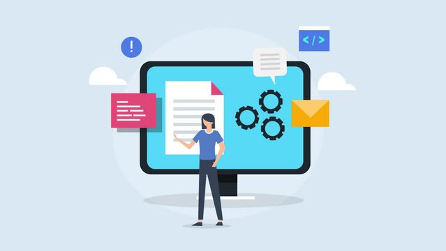 Woman creating and publishing content online with CMS software cloud technology, animation concept.