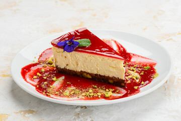 dessert strawberry cheesecake in a plate with jam
