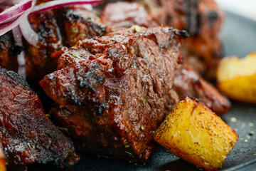 fried shish kebab in a plate with salad greens and potatoes macro photo
