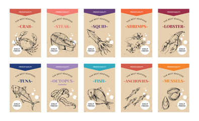 Seafood labels. Vintage food sketch. Marine lobster. Retro shrimp. Badge design of mackerel and squid. Salmon fish steak. Engraving packaging stickers set. Vector illustration background