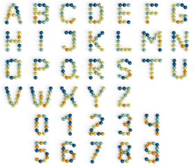 Christmas font. Font from Christmas decorations. New year font. 3d illustration. Xmas alphabet