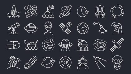Line cosmos icons. Aerospace telescope and spaceship. Cosmic research. Spacecraft and satellite. Planet discovery. Cosmonaut in space. Asteroid or comet. Vector black astronomy signs set