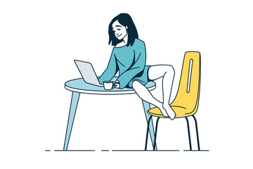 Work with laptop. People working at home, woman sitting on table, freelance characters in comfortable conditions. Busy worker or student at workplace. Vector self employed girl