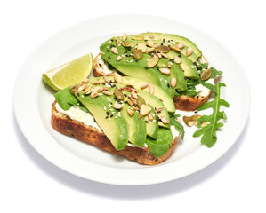 Freshly made Avocado and cream cheese toasts isolated on white background