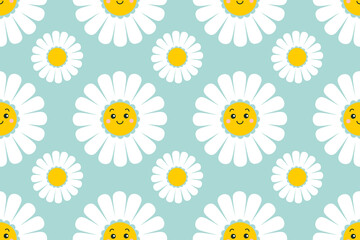 Fototapeta premium Cute smiling daisy flower seamless pattern. Chamomile with happy emotion.illustration for nature design. Vector cartoon background. 