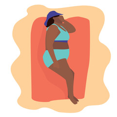 People at beach. Body positive woman lying. Cartoon flat style character sunbathing, summer activities. Summertime seaside vacation. Girl on sand. Traveler relaxing, vector illustration