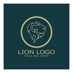 Obraz premium Lion King logo vector illustration design.gold lion king head sign concept isolated black background