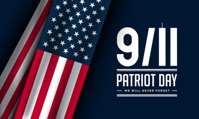 Vector banner design template with American flag and text on dark blue background for Patriot Day. - obrazy, fototapety, plakaty