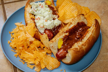 Chilli Hot Dogs with Coleslaw and Cheddar Onion Chips