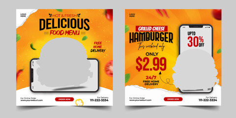 Social media food template, Restaurant social media square banner template for business promotion