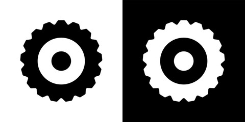 Tractor wheel vector icon. Agricultural machine wheel isolated on black and white background, logo for farm equipment store