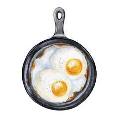 Fried eggs in a frying pan on white background. Food illustration.