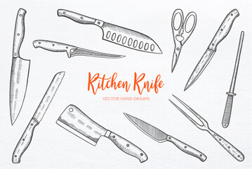 Kitchen knife set collection with hand drawn sketch vector