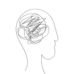 Vector. The concept of anxiety and stress. The flow of thoughts, emotions, consciousness. Illustration for coaching, psychoanalysis, therapy. Line drawn in doodle style