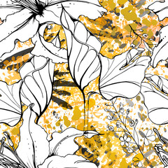 Fototapeta premium Floral Black White Pattern. Modern Watercolor
