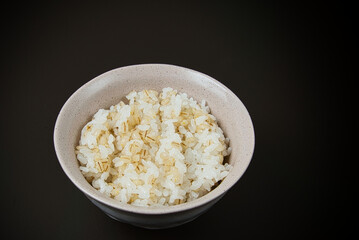今日の晩ごはん　今大人気のもち麦ご飯を、もち麦1：白米3で炊いた麦ごはんを盛りつけたお茶碗