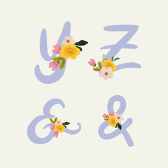 Flat alphabet with hand drawn floral bouquet