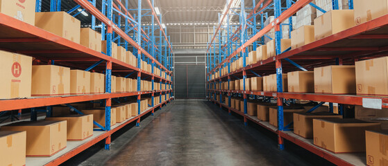 Cardboard Boxes Product in Warehouse Shelf. Product Package for logistic shipping. Retail Warehouse full of Shelves with Boxes for Delivery. Banner Background.