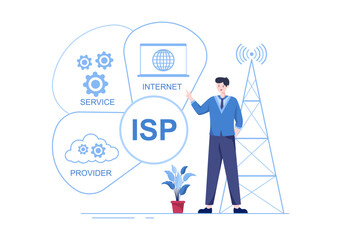 ISP or Internet Service Provider Cartoon Illustration with Keywords and Icons for Intranet Access, Secure Network Connection and Privacy Protection