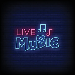 Fototapeta na wymiar Neon Sign live music with Brick Wall Background Vector